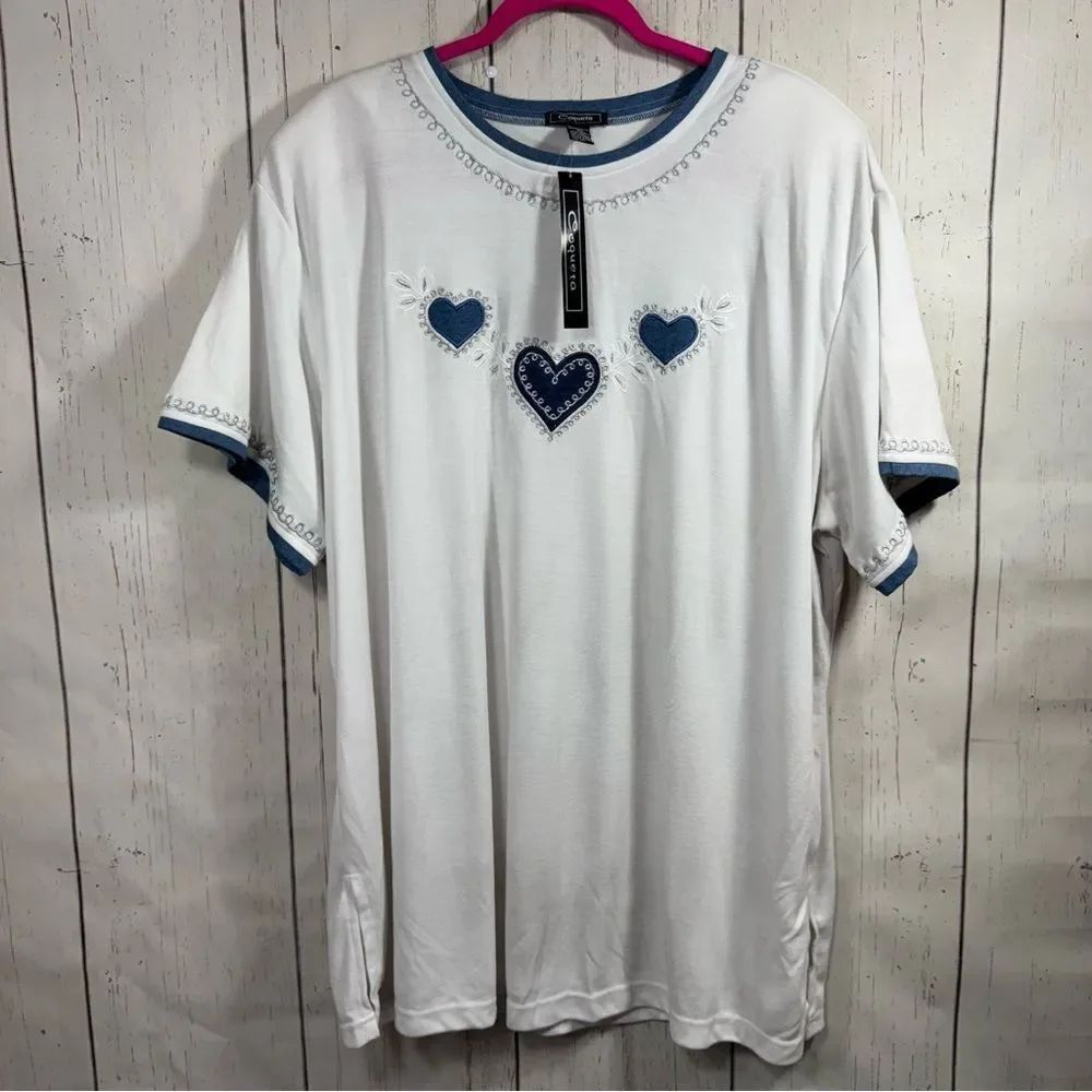 Coqueta White Blue Heart Embroidered T Shirt Top 3X Cottagecore Casual Feminine